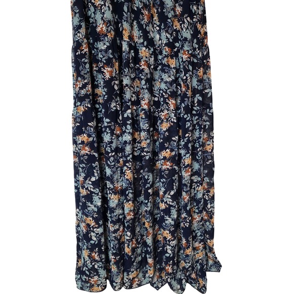 Floral Tiered Maxi Dress Navy Blue Brown Ruffle V-Neck Flutter Sleeve Size XL - Picture 6 of 10